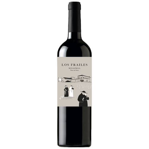A bottle of Los Frailes Pinot Noir wine with a black cap and a light beige label featuring black line art of figures and a house.