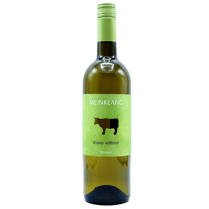 Wine bottle with green label featuring a cow icon on a white background