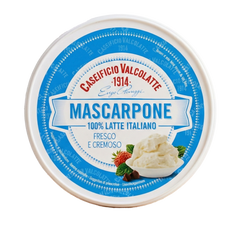 Tub of Caseificio Valcolatte Italian mascarpone on a white background