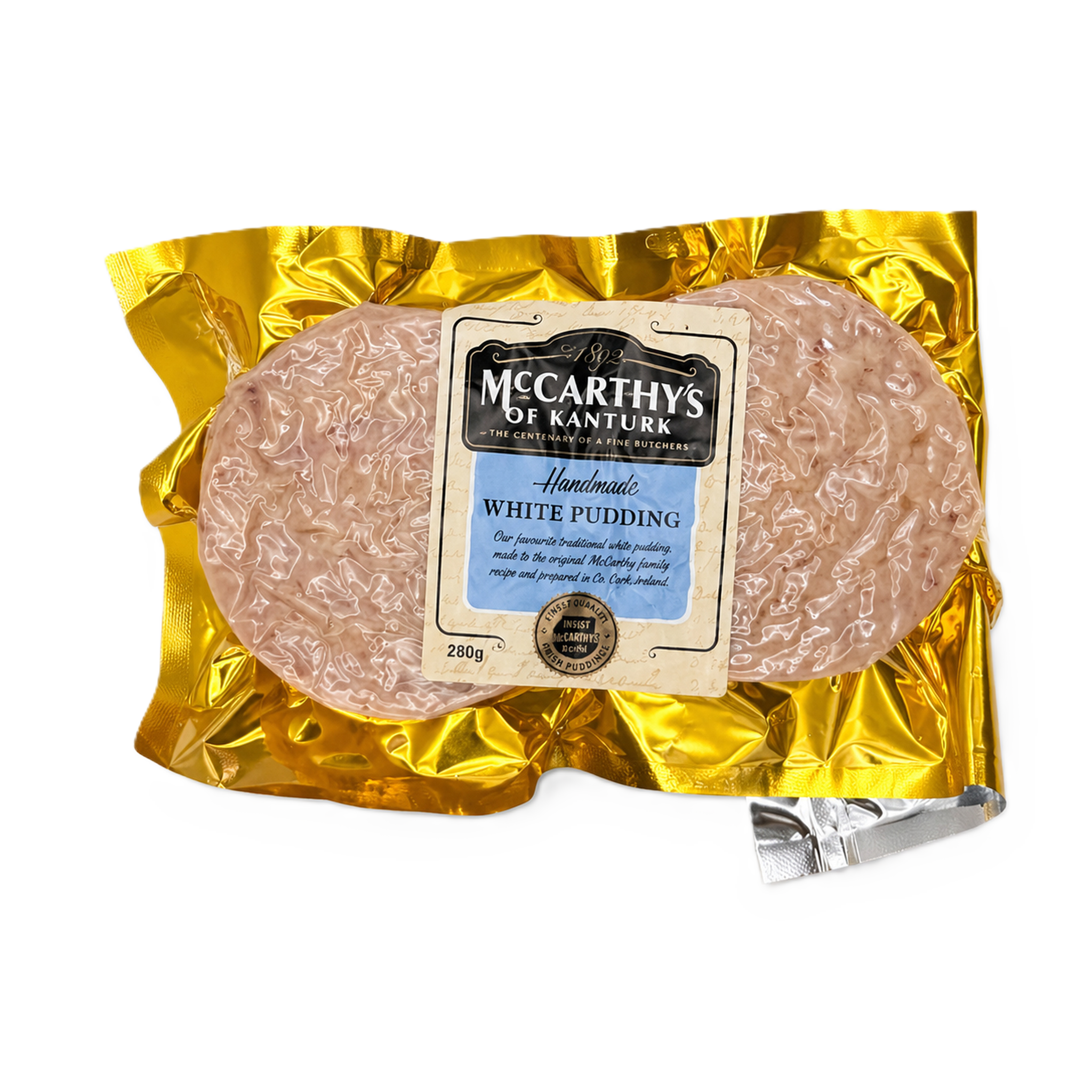 Packaged white pudding with Mccarthys of Kanturk label on a white background
