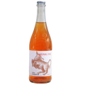 Bottle of orange juice with a label on a white background