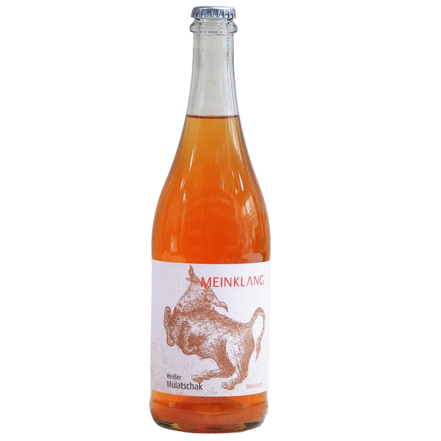 Bottle of orange juice with a label on a white background