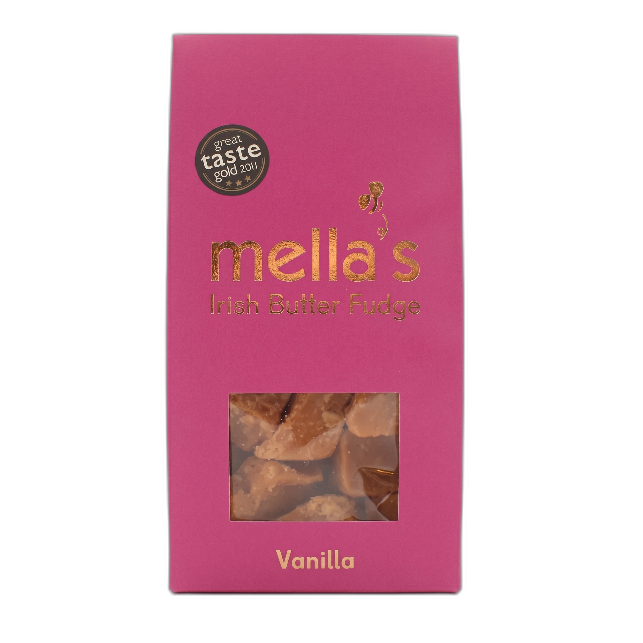Pink packaging of mella's Irish Butter Fudge with a window showing the product on a white background.