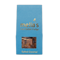 Blue box of mella's Irish Butter Fudge with a window showing the fudge inside.