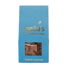 Blue box of mella's Irish Butter Fudge with a window showing the fudge inside.