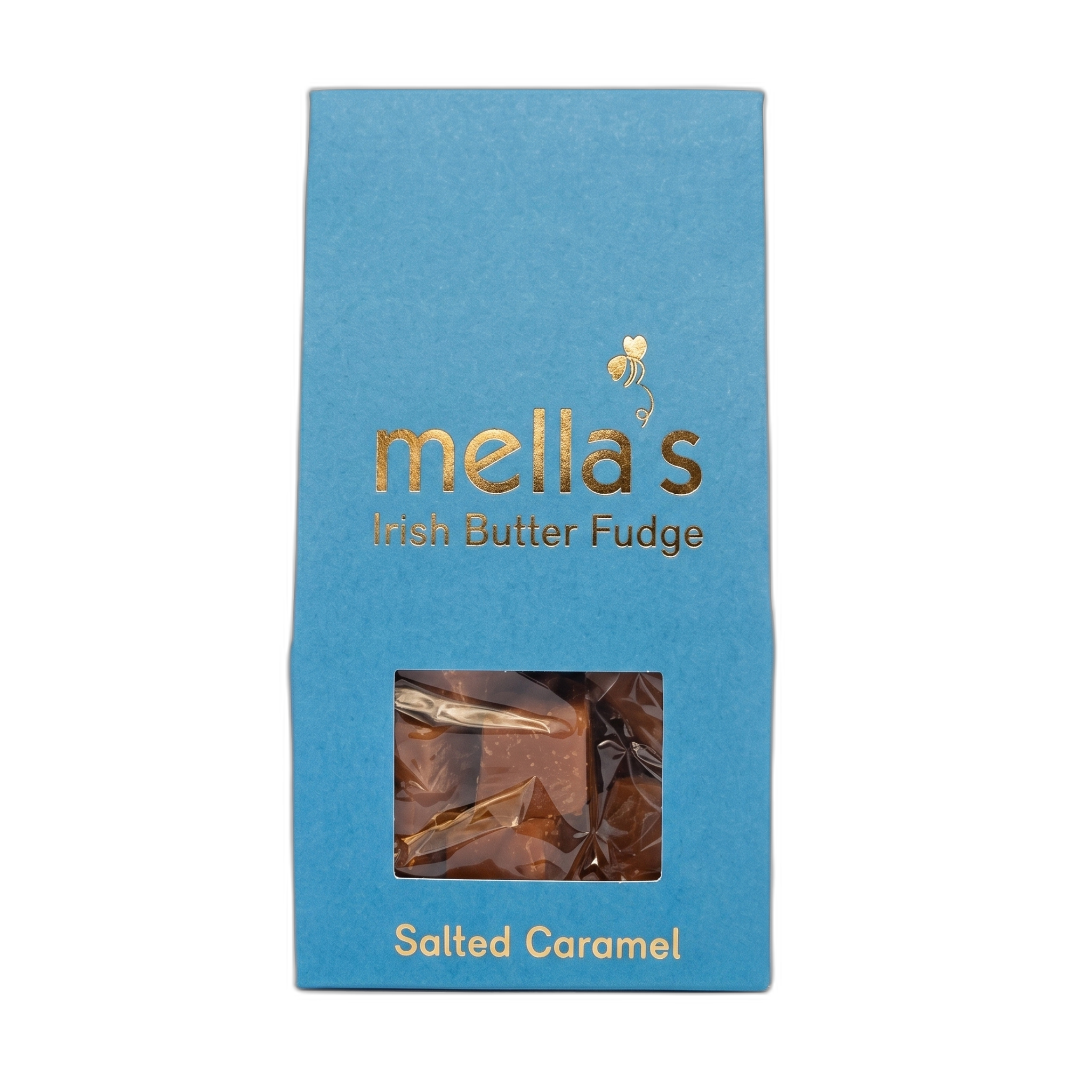Blue box of mella's Irish Butter Fudge with a window showing the fudge inside.