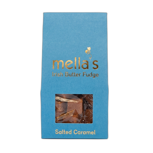 Blue box of mella's Irish Butter Fudge with a window showing the fudge inside.