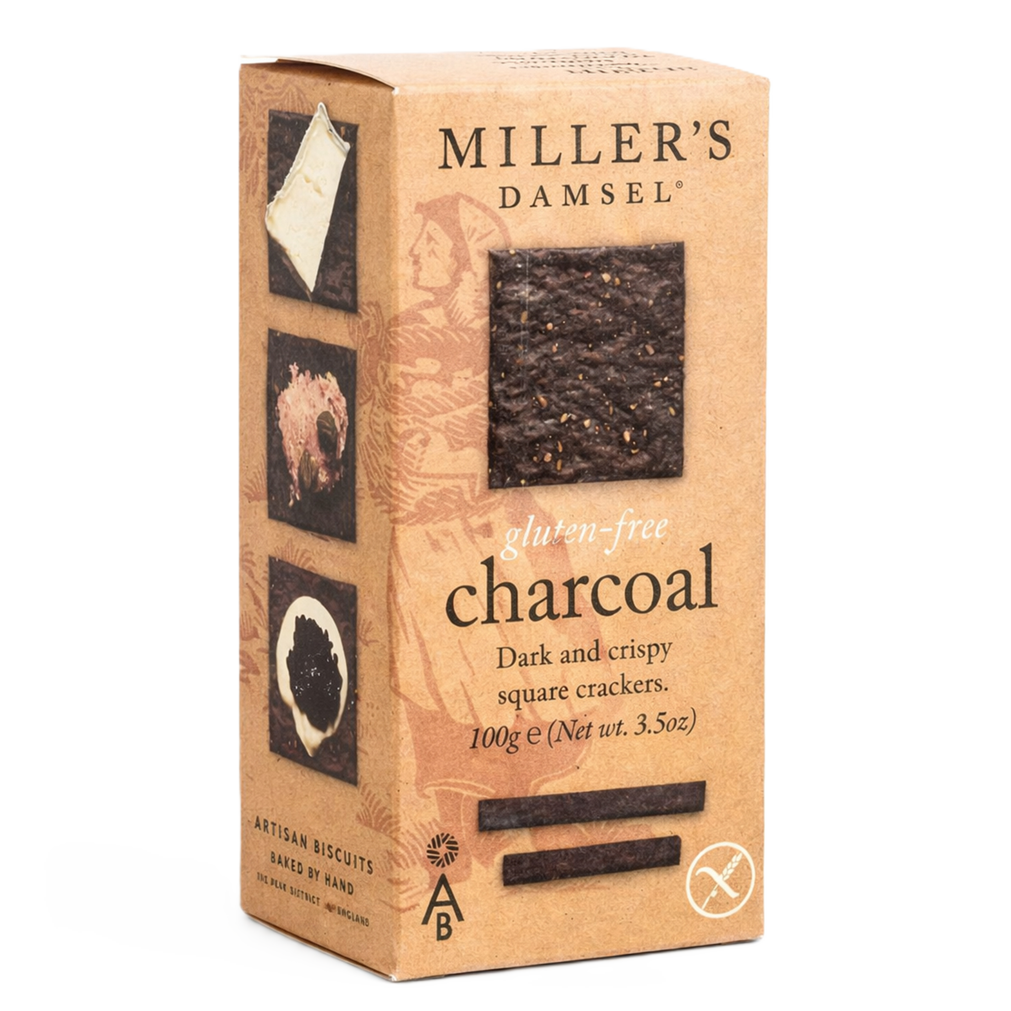 Box of Miller's Damsel charcoal crackers on a white background