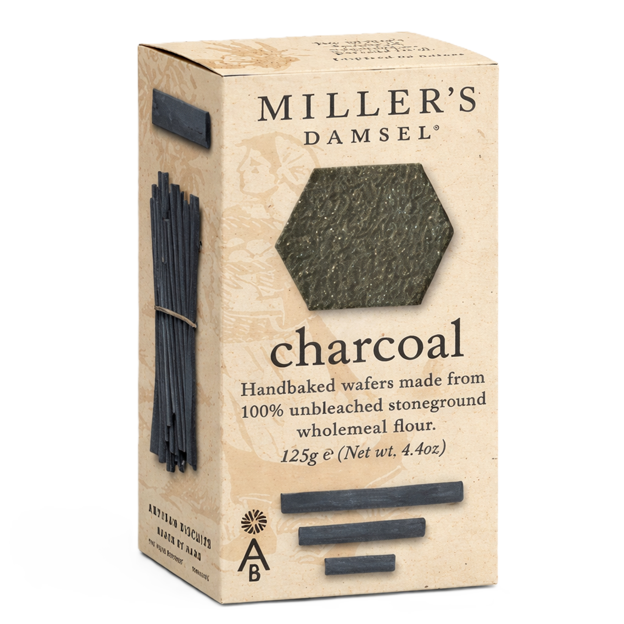 Box of Miller's Damsel charcoal handbaked wafers on a white background