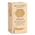 Box of Miller's Damsel wheat hand-baked wafers on a white background