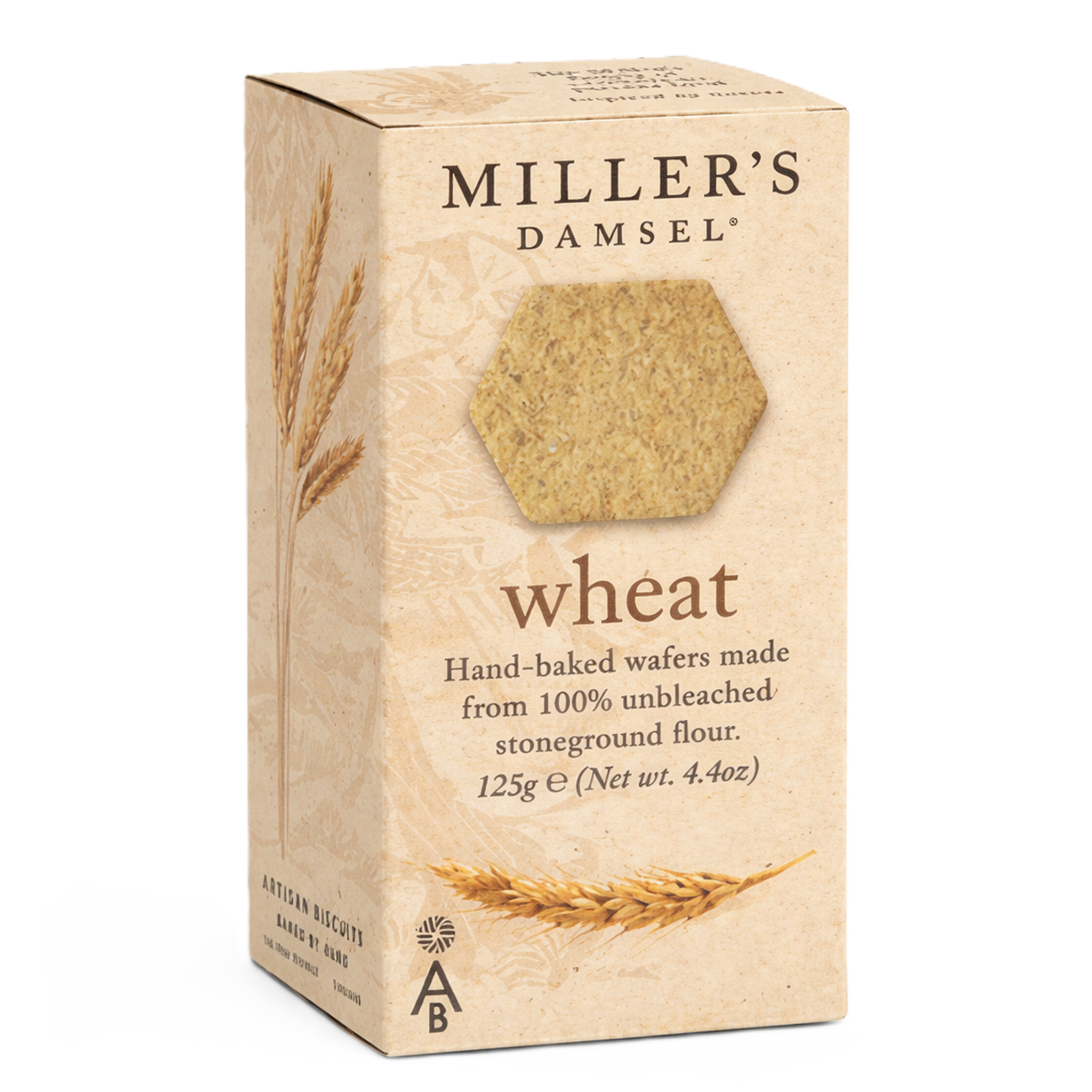 Box of Miller's Damsel wheat hand-baked wafers on a white background
