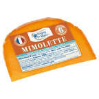 Isigny St. Pere Mimolette cheese with packaging on a white background