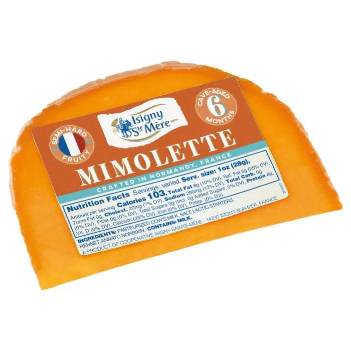 Isigny St. Pere Mimolette cheese with packaging on a white background