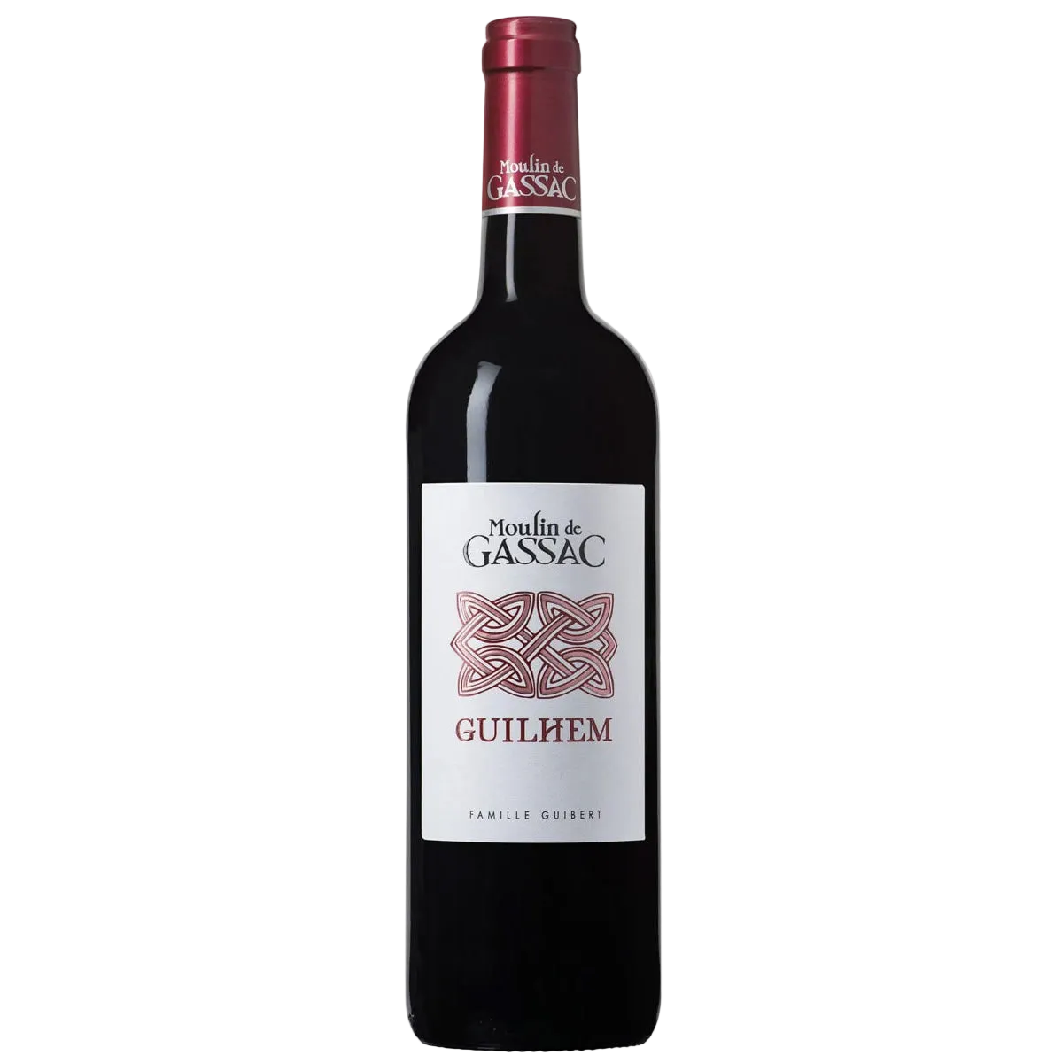 Bottle of Moulin de Gassac wine on a white background