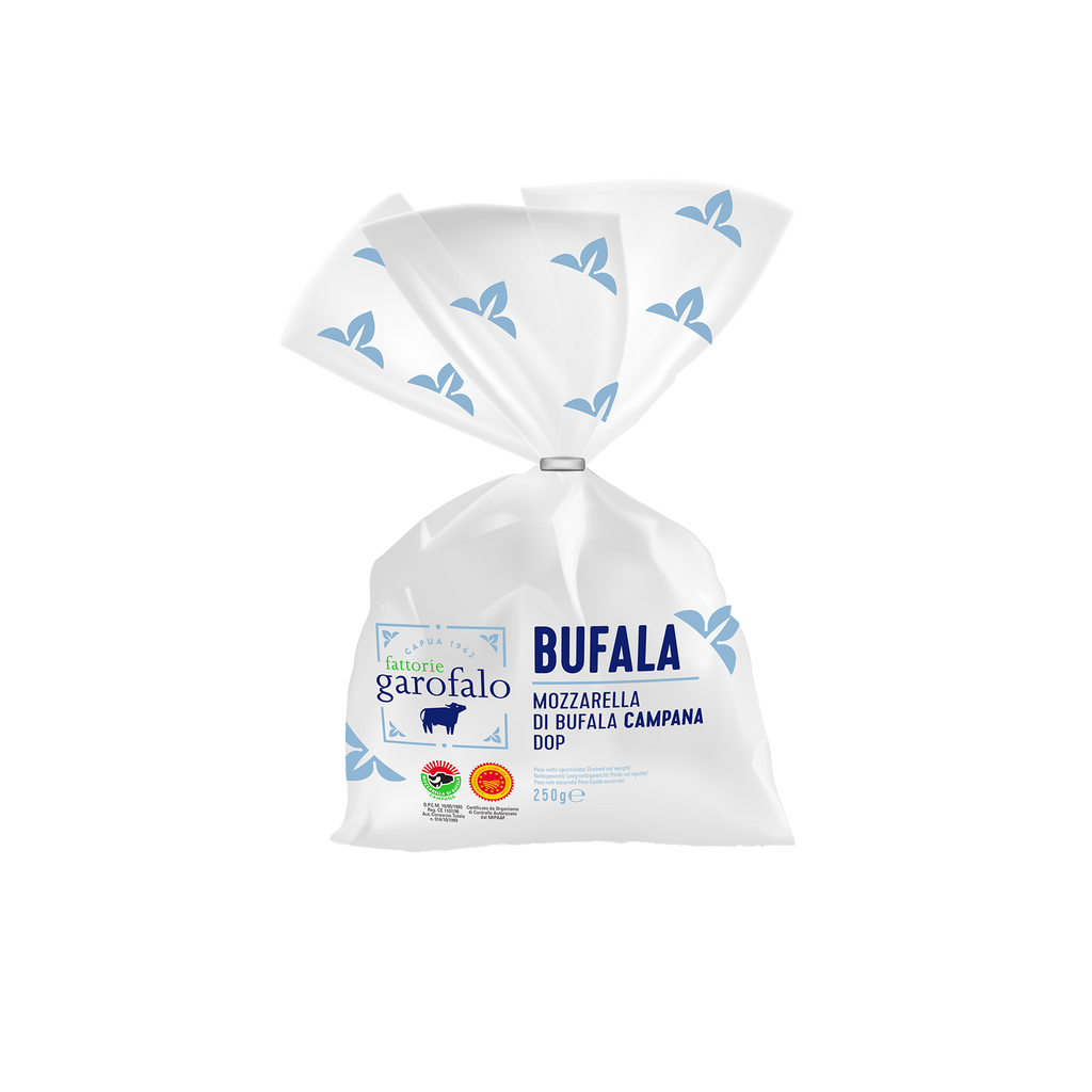 Bag of Garofalo Mozzarella di Bufala Campana DOP on a white background