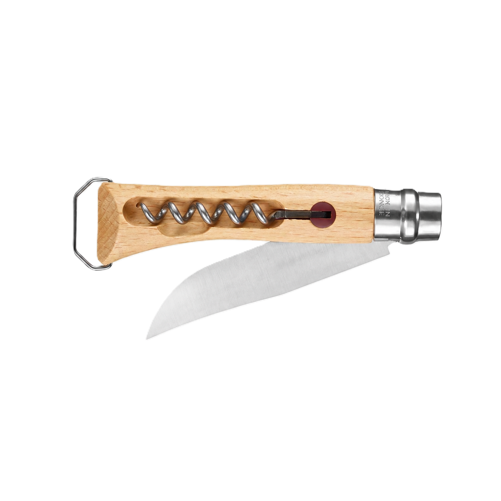 A pocket corkscrew knife with a light wood handle, a silver metal corkscrew, a silver blade, and a small red accent button, shown on a plain white background.