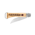 A pocket corkscrew knife with a light wood handle, a silver metal corkscrew, a silver blade, and a small red accent button, shown on a plain white background.