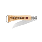 A pocket corkscrew knife with a light wood handle, a silver metal corkscrew, a silver blade, and a small red accent button, shown on a plain white background.