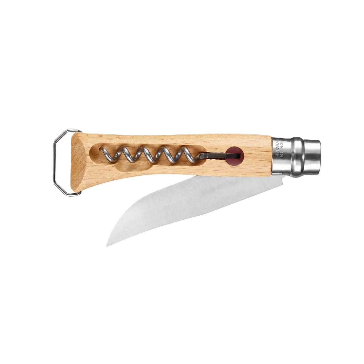 A pocket corkscrew knife with a light wood handle, a silver metal corkscrew, a silver blade, and a small red accent button, shown on a plain white background.