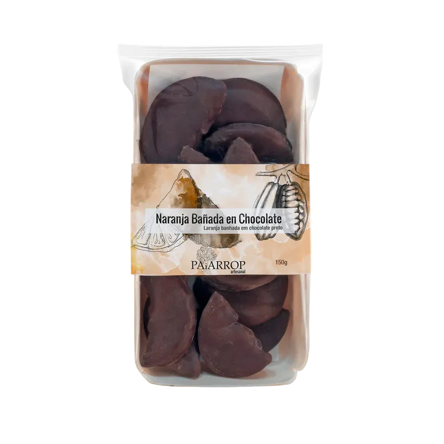 Packaged chocolate orange slices with a visible brand label on a white background
