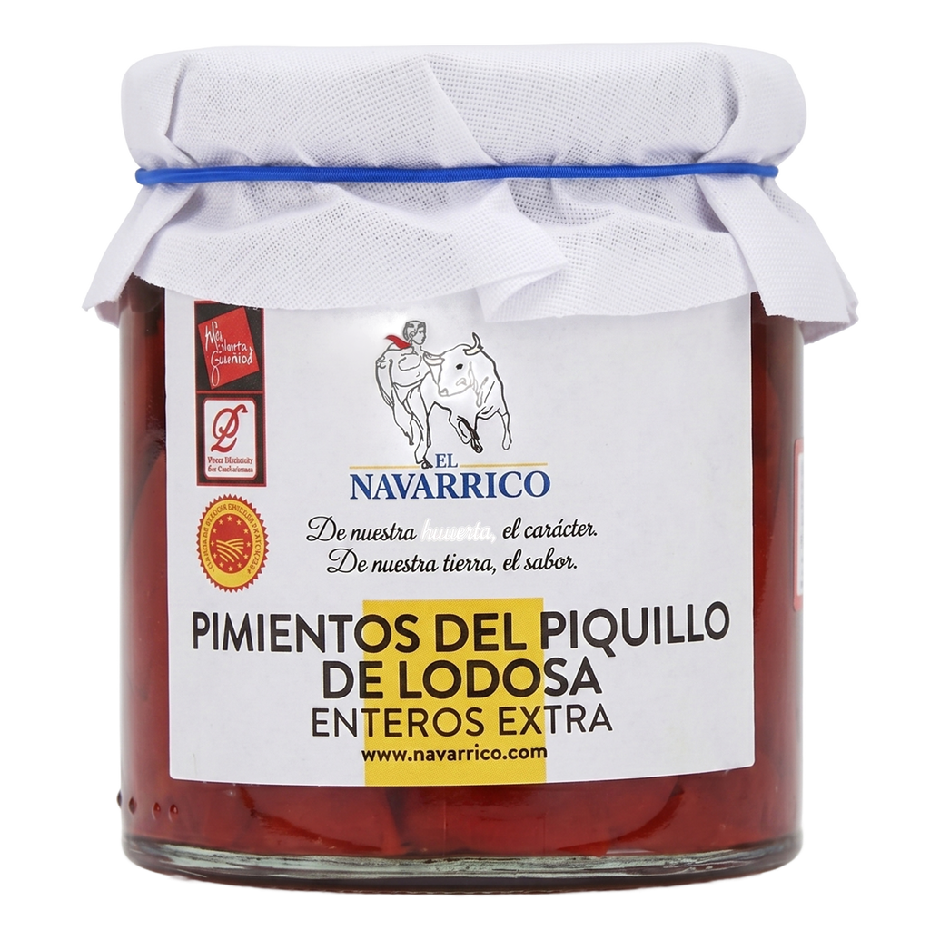 Jar of 'El Navarrico' pimientos del piquillo with a white lid on a white background