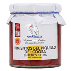 Jar of 'El Navarrico' pimientos del piquillo with a white lid on a white background