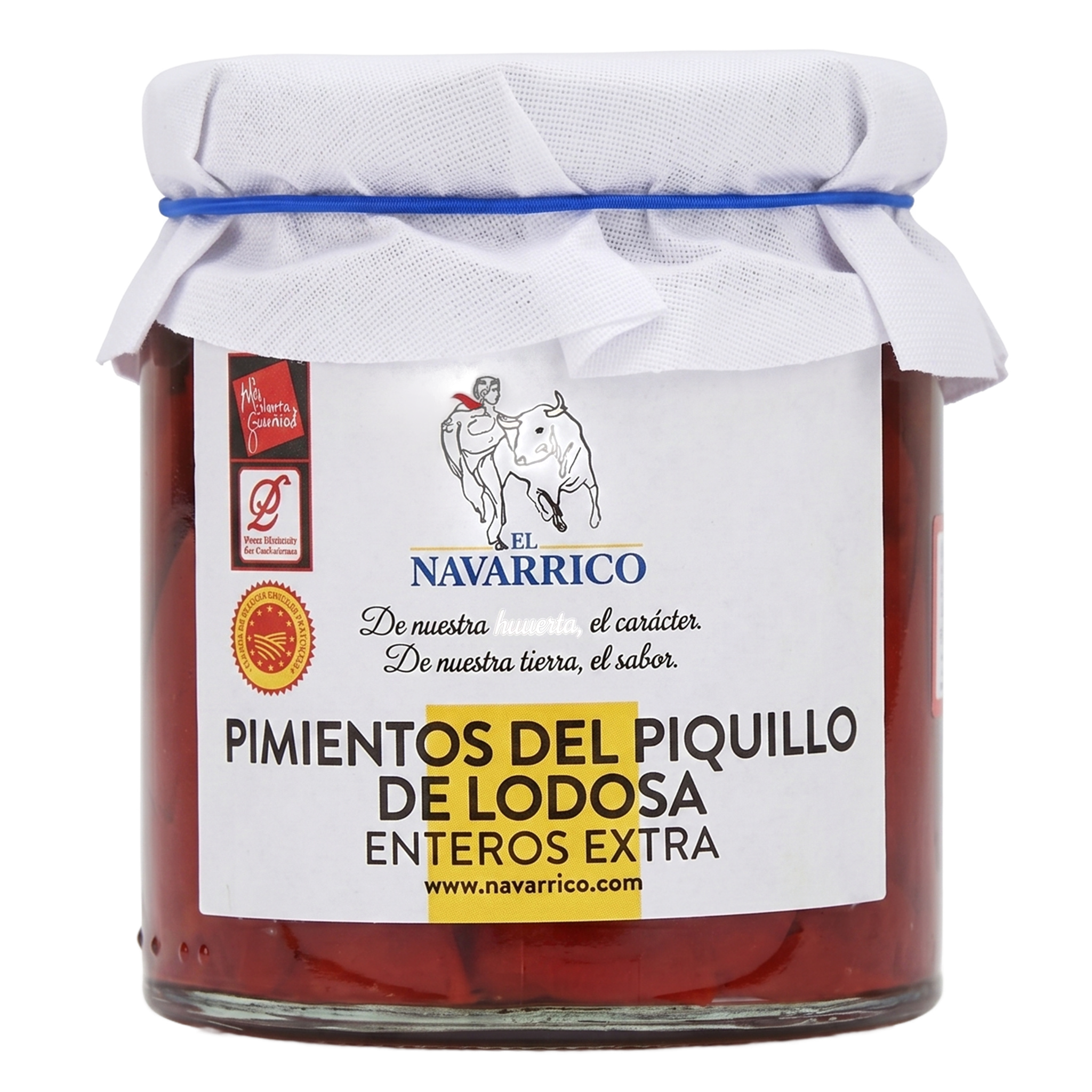 Jar of 'El Navarrico' pimientos del piquillo with a white lid on a white background