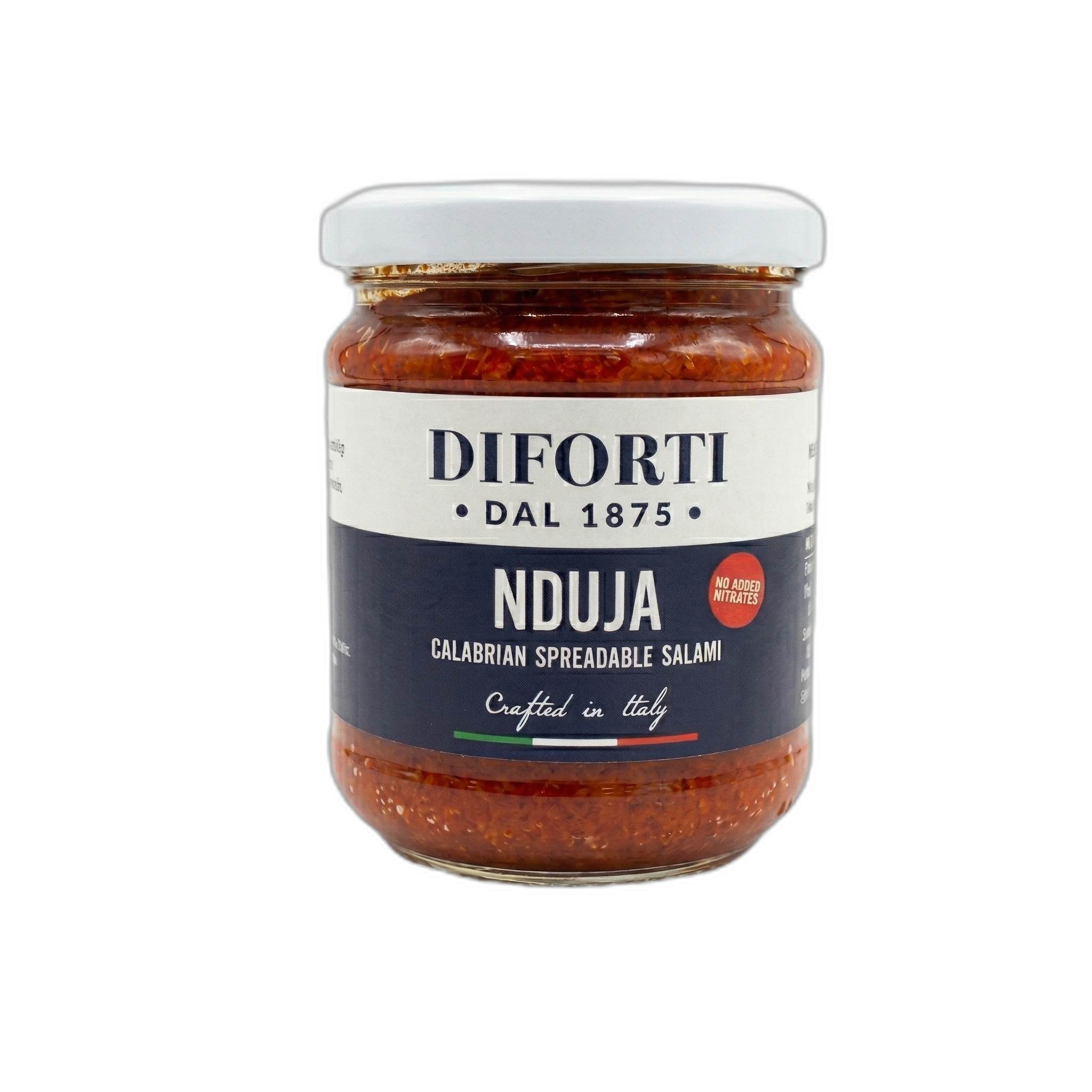 Jar of Diforti Nduja Calabrian Spreadable Salami on a white background