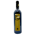 A bottle of Buraco red wine with a dark blue glass body, a black neck label, and a prominent mustard-yellow label on the front, set against a plain white background.