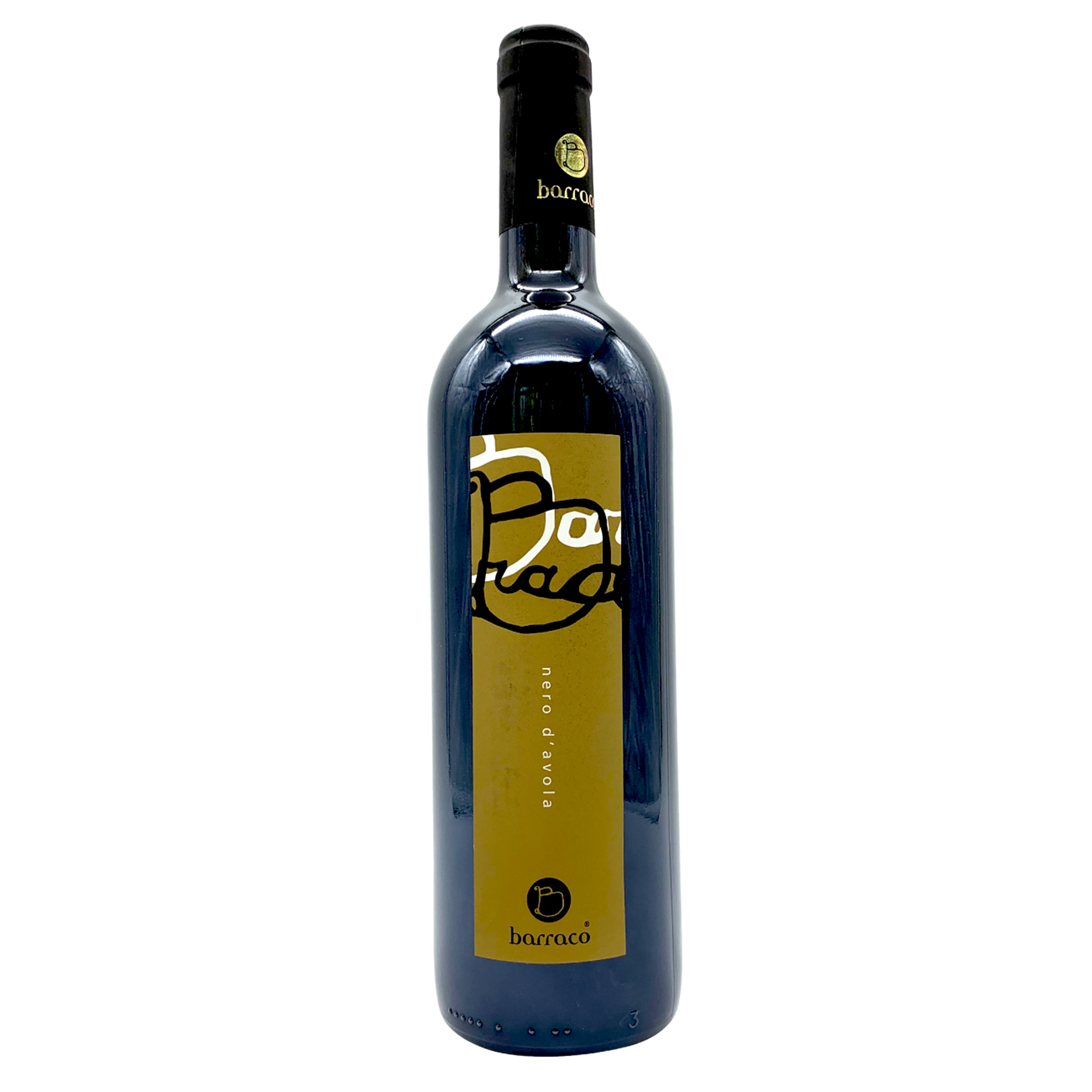 A bottle of Buraco red wine with a dark blue glass body, a black neck label, and a prominent mustard-yellow label on the front, set against a plain white background.