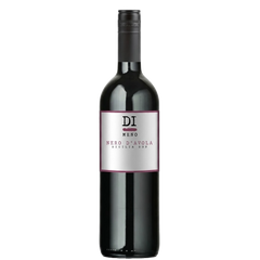 A bottle of DI Nero d'Avola Sicilia Red wine, featuring a dark glass bottle with a black cap and a white label with a magenta border.