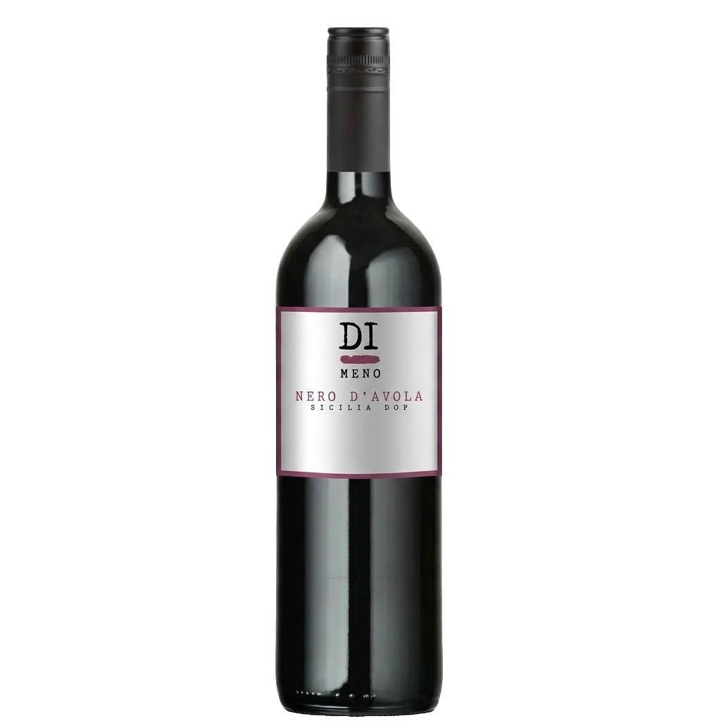 A bottle of DI Nero d'Avola Sicilia Red wine, featuring a dark glass bottle with a black cap and a white label with a magenta border.