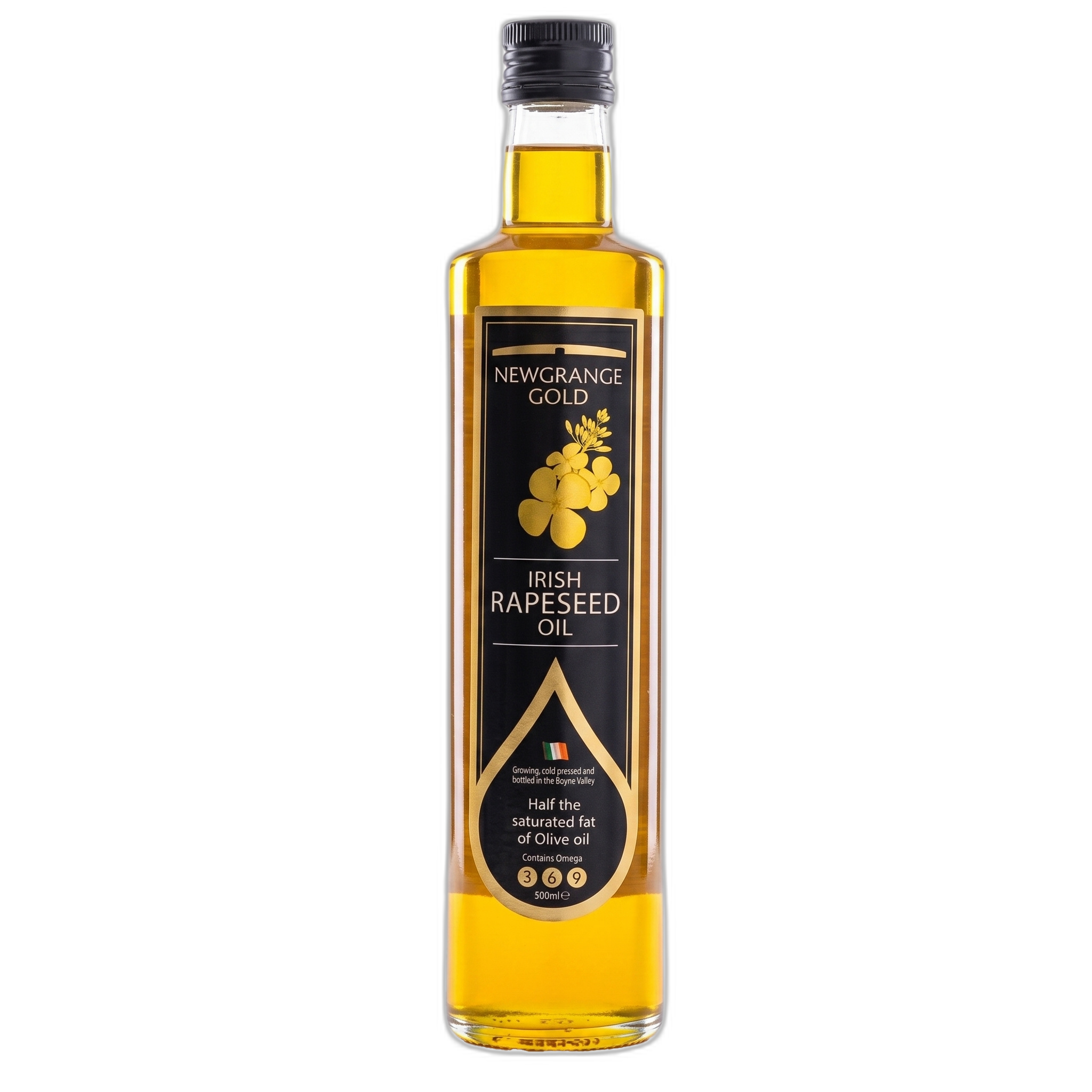 Bottle of Newgrange Gold Irish Rapeseed Oil on a white background