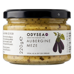 Jar of Odysea aubergine meze with an aubergine illustration on the label