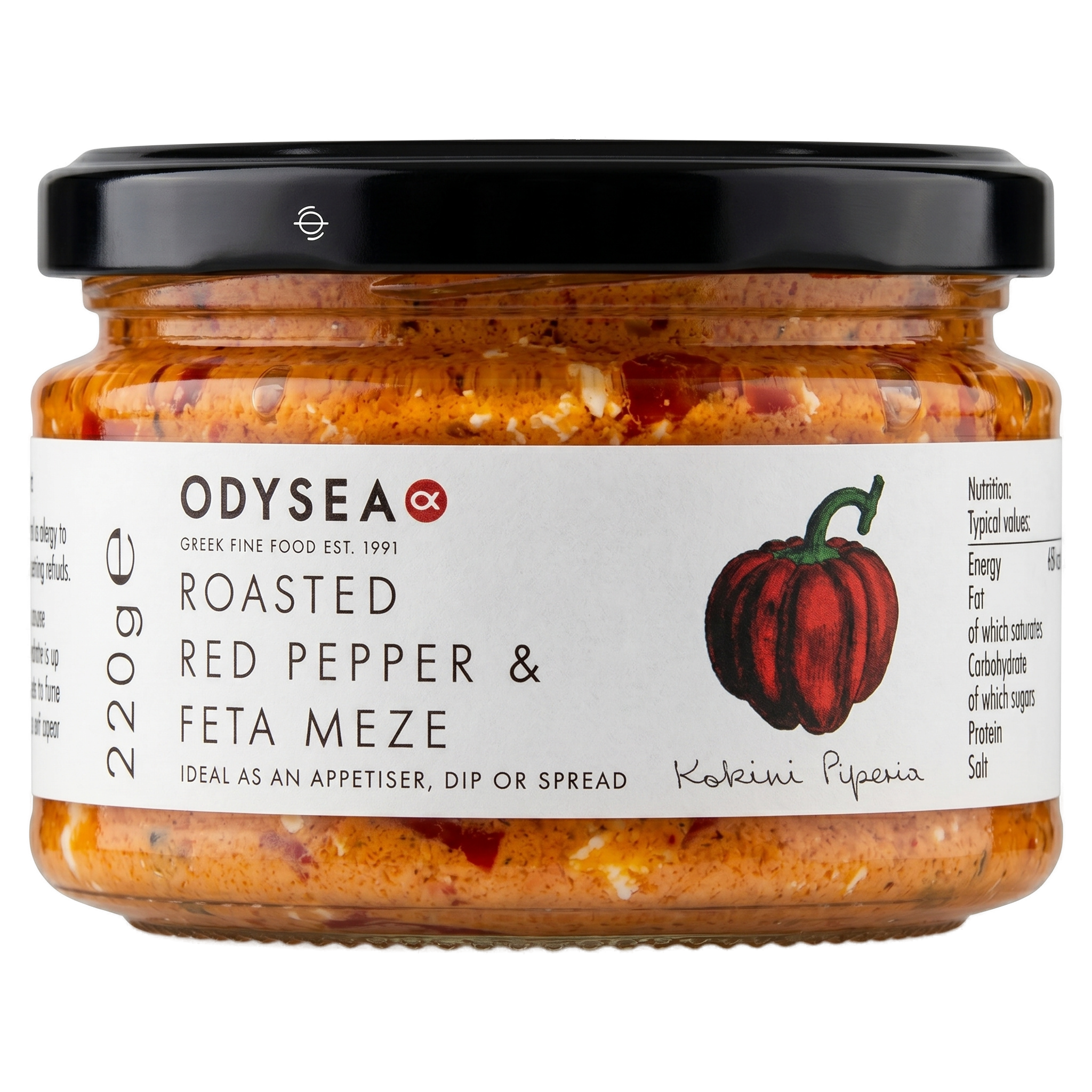 Jar of Odysea Roasted Red Pepper & Feta Meze on a white background