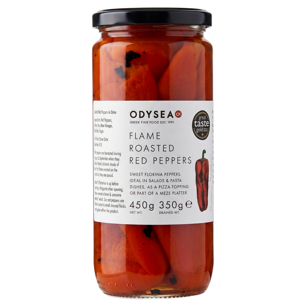Jar of Odysea Flame Roasted Red Peppers on a white background