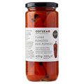 Jar of Odysea Flame Roasted Red Peppers on a white background