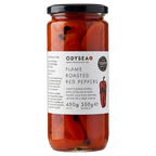 Jar of Odysea Flame Roasted Red Peppers on a white background