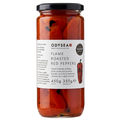 Jar of Odysea Flame Roasted Red Peppers on a white background