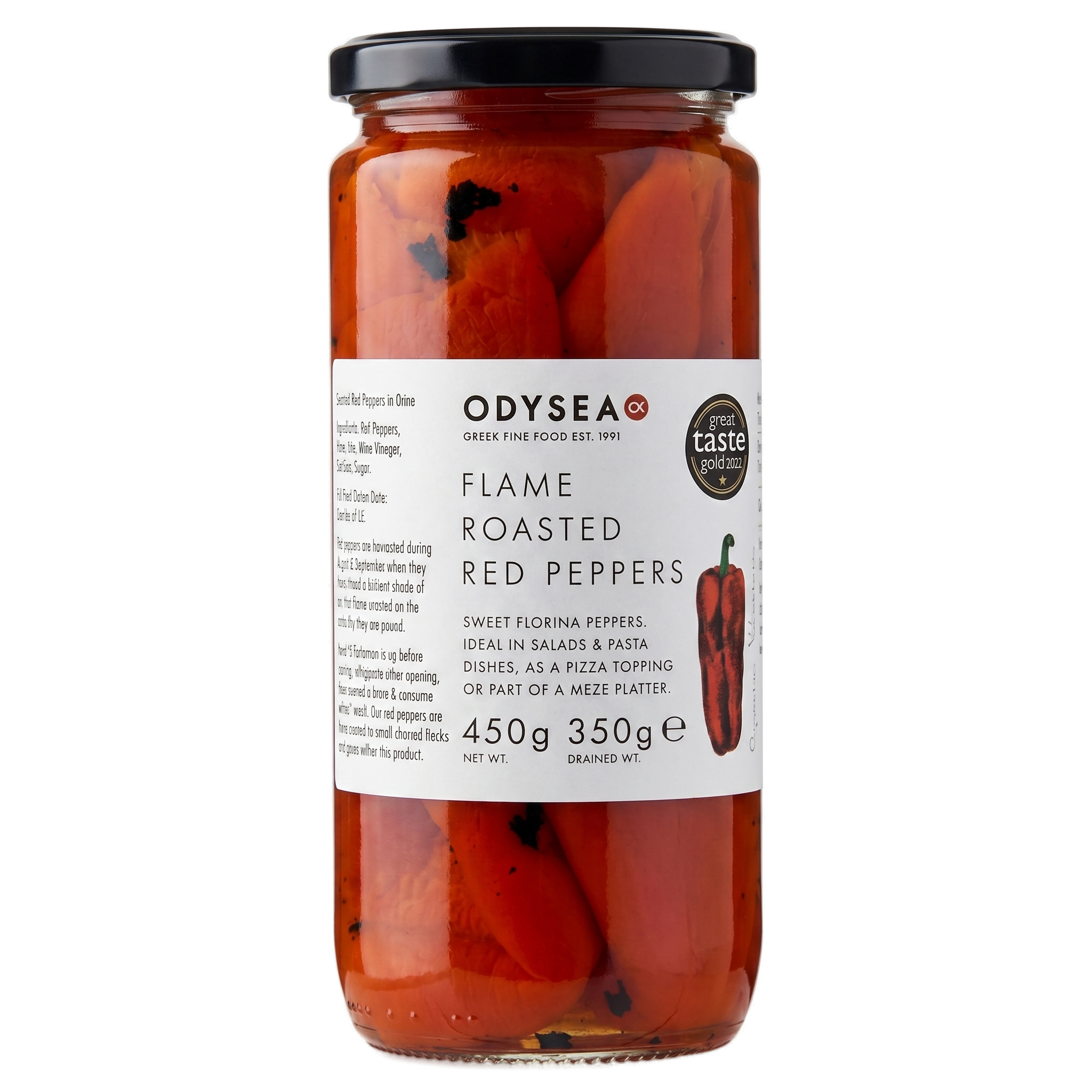 Jar of Odysea Flame Roasted Red Peppers on a white background