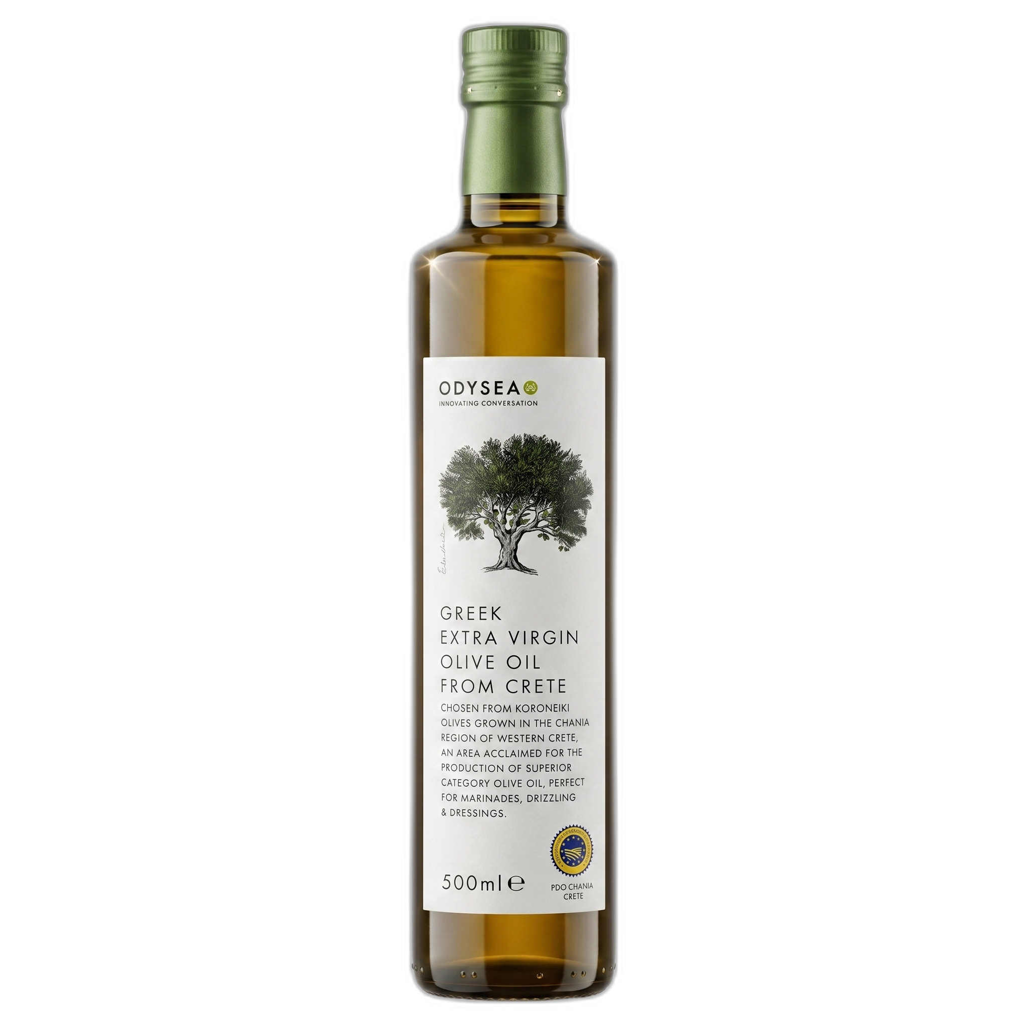 Bottle of Odysea Greek Extra Virgin Olive Oil on a white background