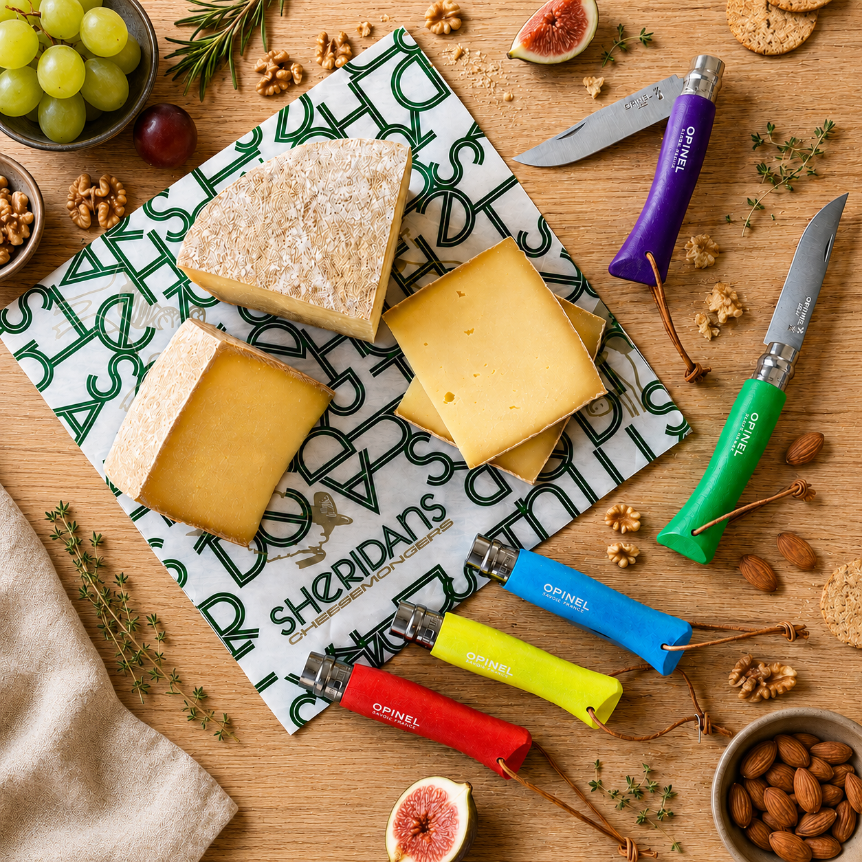 A styled flat-lay of cheese wedges and blocks on a branded Sheridan cheese board, surrounded by knives with colorful handles, grapes, nuts, figs, and herbs on a wooden surface.