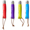 Four small folding pocket knives with colorful handles in red, purple, yellow, and blue, shown alongside one open green knife on a plain white background. The handles have brown lanyard loops and the blades are silver metal.