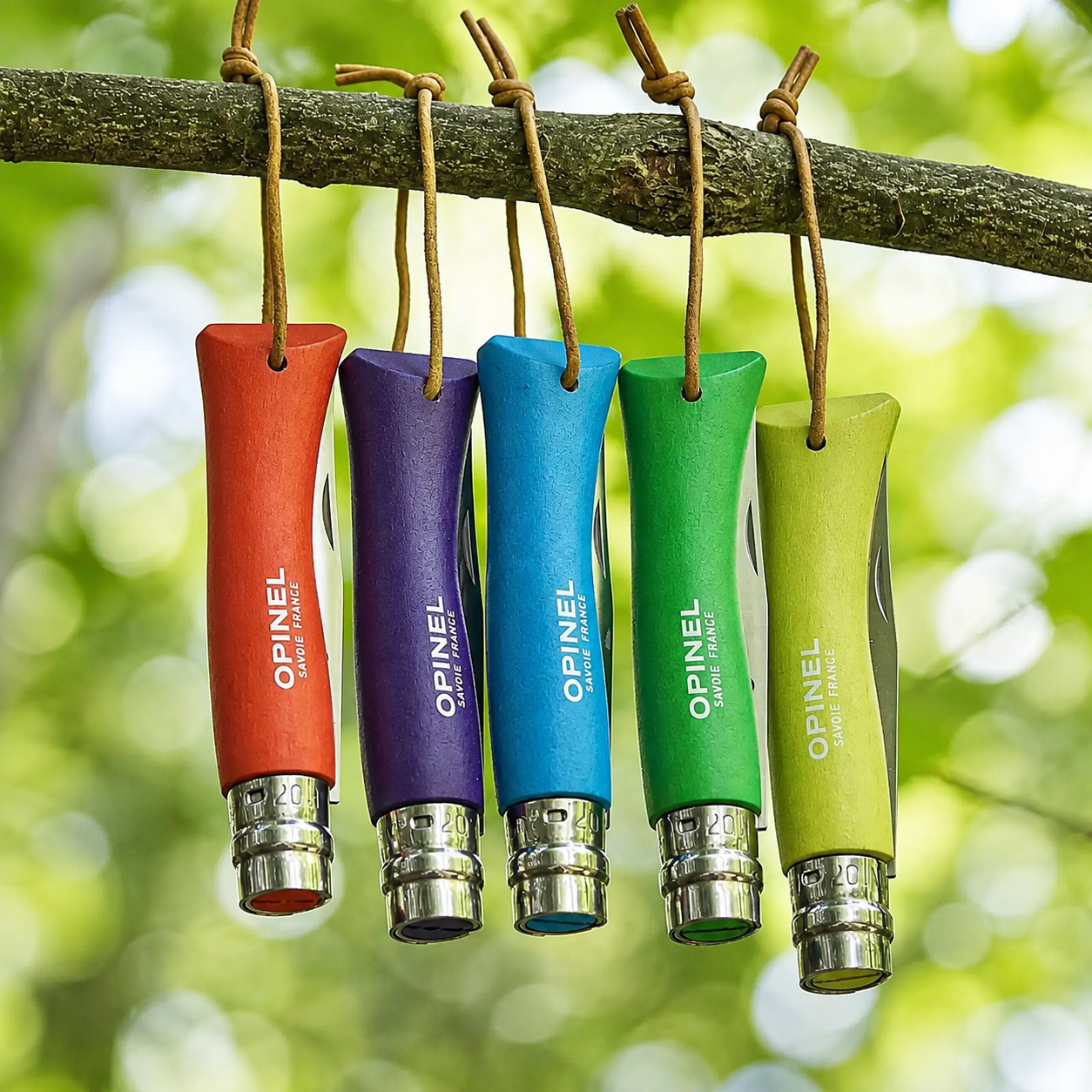 Five OPINEL pocket knives hang from a tree branch outdoors, each with a different colored handle in red, purple, blue, green, and yellow-green. The background is a soft-focus green forest.