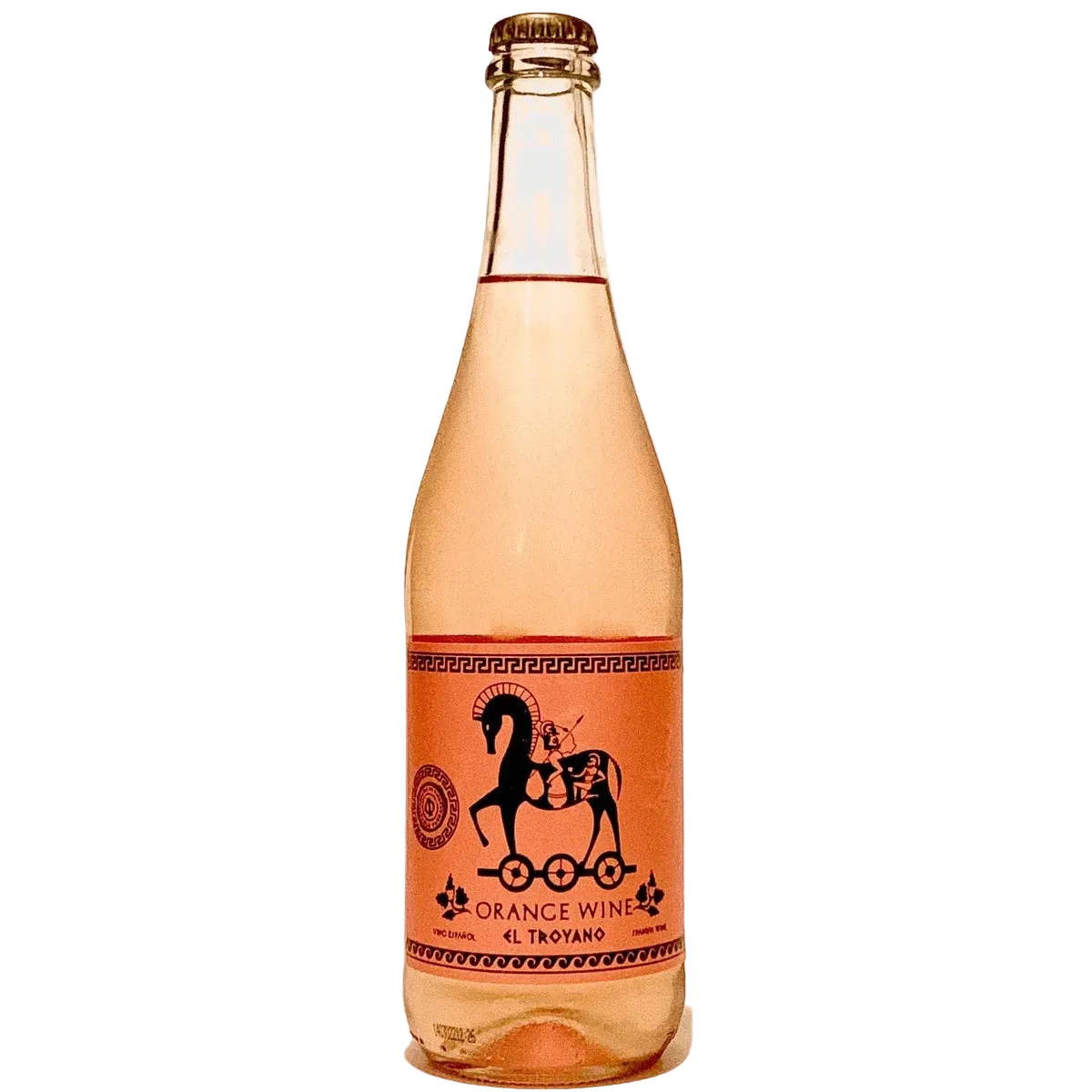 Bottle of orange wine with a label on a white background