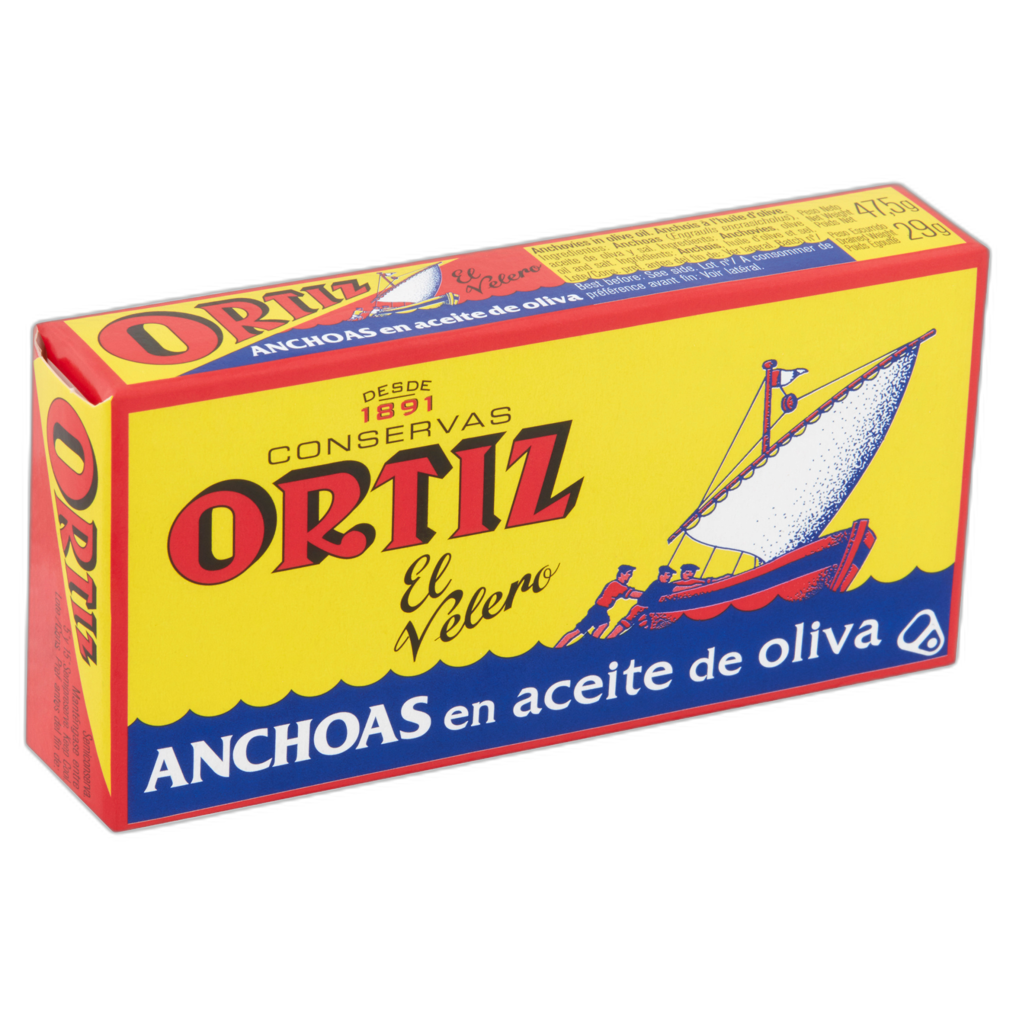 Ortiz anchovy packaging with a boat illustration on a white background