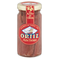 Jar of Ortiz anchovies with a red label on a white background