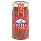 Jar of Ortiz anchovies with a red label on a white background