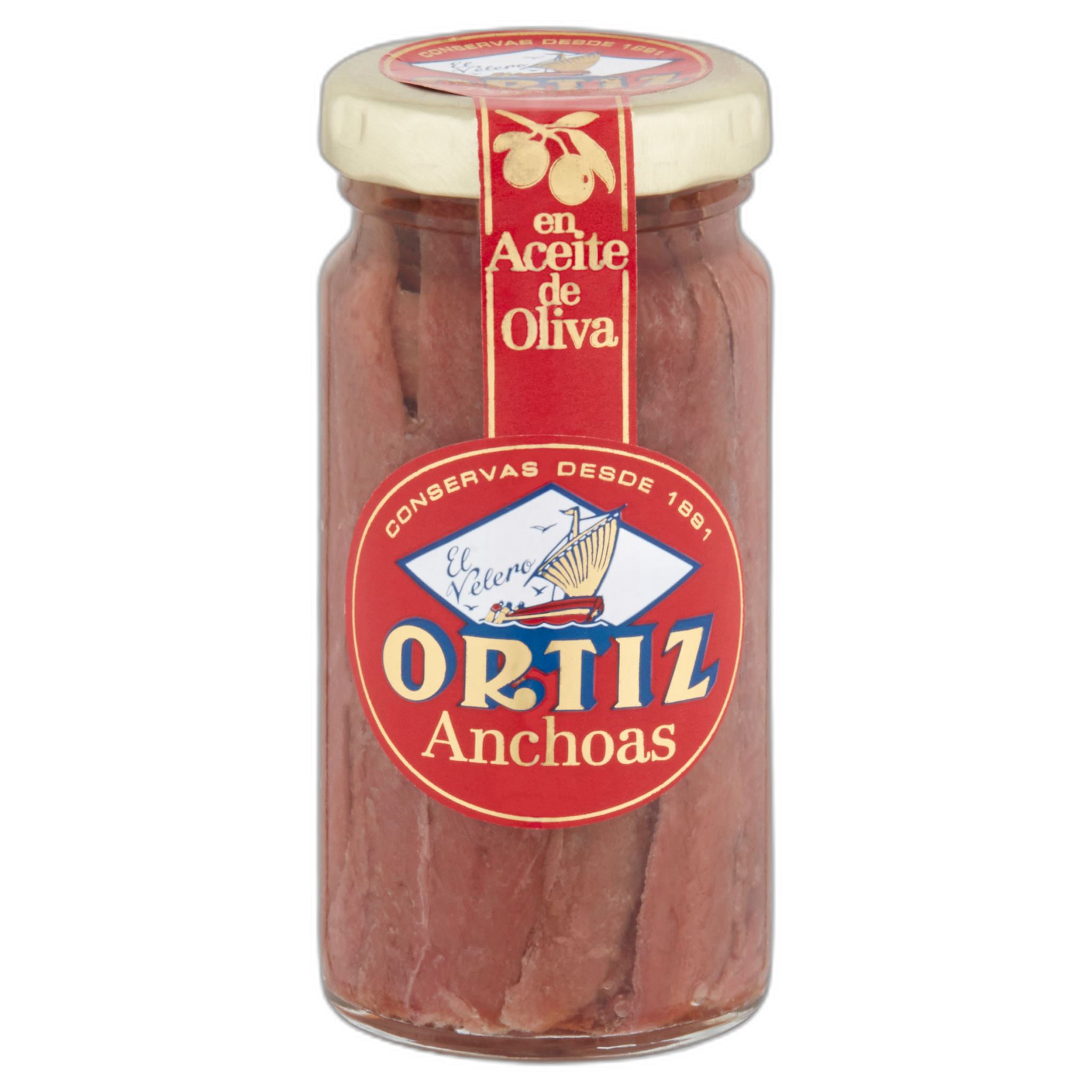 Jar of Ortiz anchovies with a red label on a white background