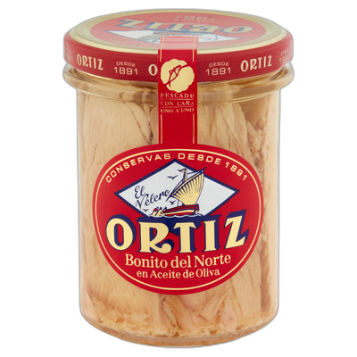 Jar of Ortiz Bonito del Norte white tuna in olive oil